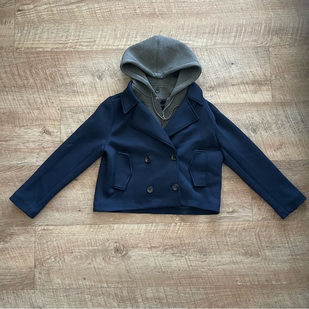 Maeve Navy Double-Breasted Pea Coat with Gray Hooded Liner